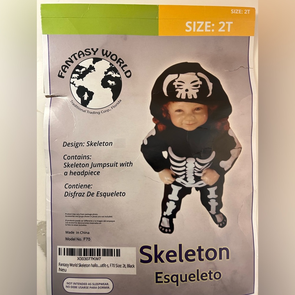 Fantasy World Skeleton halloween costume-s, size 2T, for child-ren, unisex